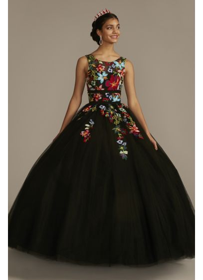 Floral Lace Applique Quince Dress - This quinceanera dress bursts with elegance! Turn heads