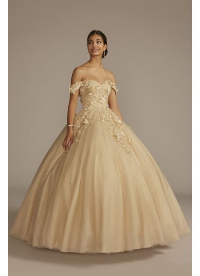 3D Floral Quince Gown with Detachable Sleeves - This sparkling tulle quinceanera ball gown is covered
