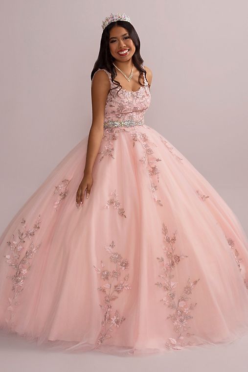 Fifteen Roses Metallic Floral Glitter Tulle Quince Ball Gown
