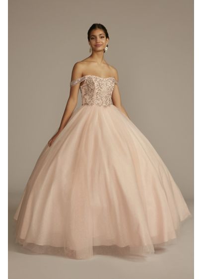 Off-the-Shoulder Beaded Quince Ball Gown - Celebra tus quince anos con estilo! A beautifully