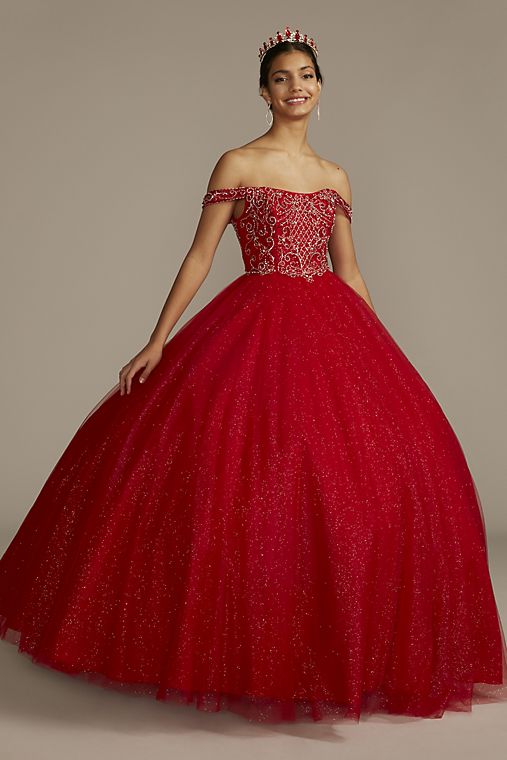 Fifteen Roses Off-the-Shoulder Beaded Quince Ball Gown