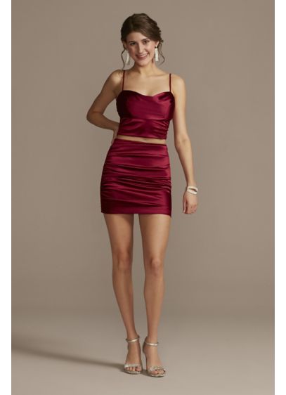 Ruched Satin Two-Piece Set - A crop top featuring a delicately draped sweetheart