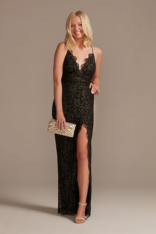 Galina Signature Allover Lace Sheath Gown with Plunging Neckline