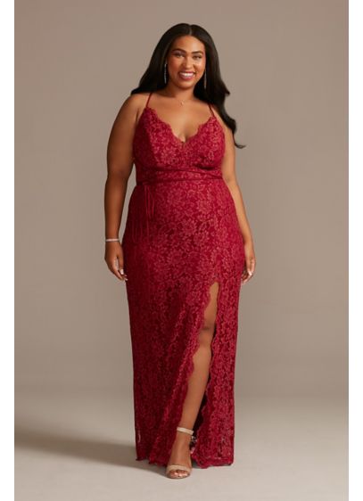 Plus Allover Lace Sheath Gown with Plunge Neckline - This plus size lace sheath gown is designed