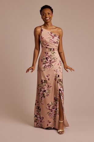 Picture of Floral Charmeuse Draped One-Shoulder Dress