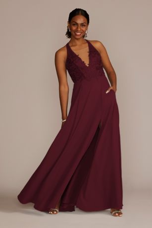 Galina Signature Halter Lace And Georgette Dress in Wine Size: 26 David's Bridal