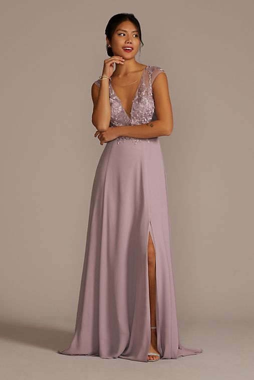 Galina Signature Cap Sleeve Lace and Georgette Bridesmaid Dress