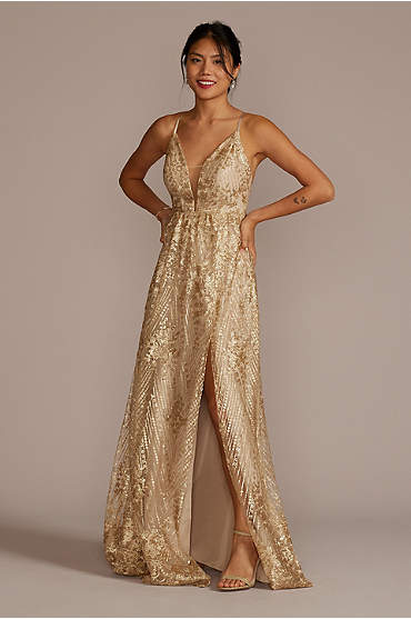 Sequin Embroidered Plunge Bridesmaid Dress