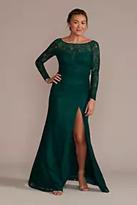 Galina Signature Long-Sleeve Lace Dress with Slit