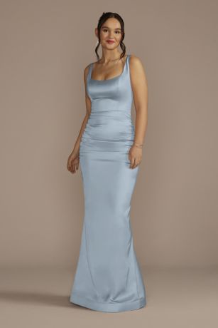 Galina Signature Stretch Satin Tank Dress With Train in Dusty Blue Size: 16 David's Bridal