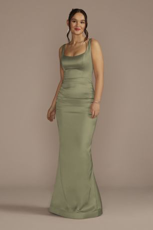 Galina Signature Stretch Satin Tank Dress With Train in Eucalyptus Size: 24 David's Bridal