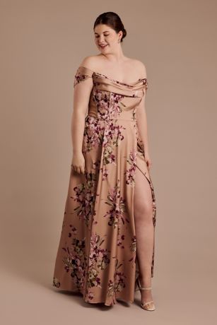 Picture of Floral Charmeuse Cowl Off-the-Shoulder Dress