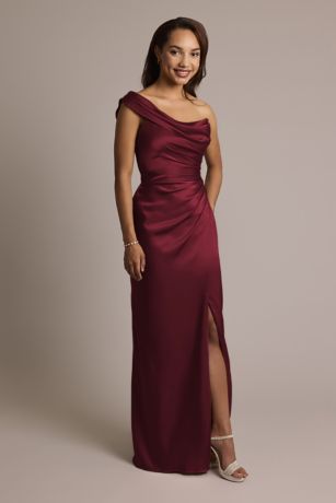 Galina Signature One-Shoulder Charmeuse Sheath Dress in Wine Size: 8 David's Bridal