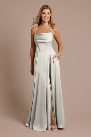 Picture of Matte Satin Cowl Neck Spaghetti Strap A-Line Dress