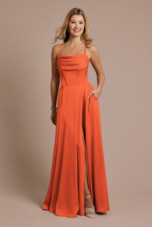 Galina Signature Matte Satin Cowl Neck Spaghetti Strap A-Line Dress in Sunset Coral Size: 12 David's Bridal