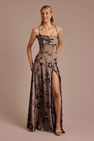 Picture of Floral Matte Satin Cowl Neck A-Line Dress