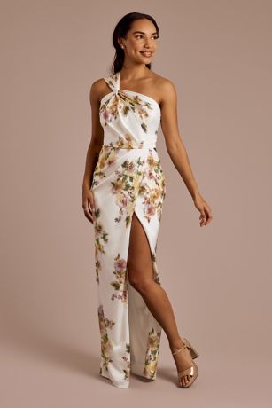 Picture of Floral Matte Satin Knotted One-Shoulder Dress