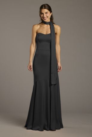 Picture of Matte Satin Strapless Sweetheart Dress with Scarf