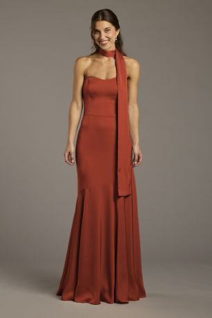 Picture of Matte Satin Strapless Sweetheart Dress with Scarf