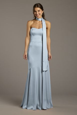 Picture of Matte Satin Strapless Sweetheart Dress with Scarf