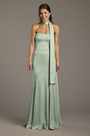 Picture of Matte Satin Strapless Sweetheart Dress with Scarf