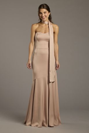 Picture of Matte Satin Strapless Sweetheart Dress with Scarf