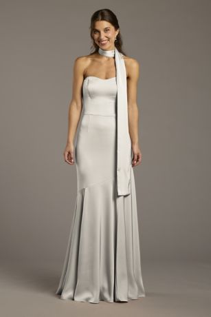 Picture of Matte Satin Strapless Sweetheart Dress with Scarf