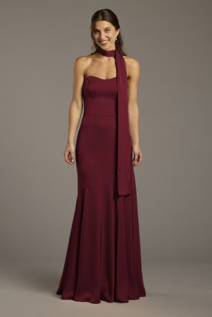 Picture of Matte Satin Strapless Sweetheart Dress with Scarf