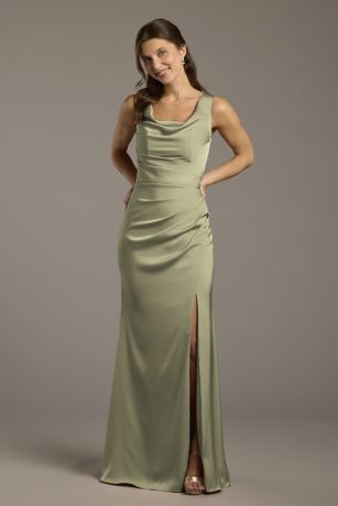 Picture of Galina Signature Matte Satin Cowl Neck Sheath Dress in Eucalyptus Size: 4 David's Bridal