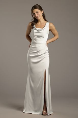 Picture of Galina Signature Matte Satin Cowl Neck Sheath Dress in Silver Size: 2 David's Bridal