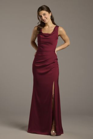 Picture of Galina Signature Matte Satin Cowl Neck Sheath Dress in Wine Size: 12 David's Bridal