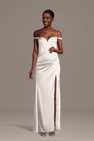 Picture of Galina Signature Matte Satin Drop Waist Off-The-Shoulder Dress in White Size: Medium David's Bridal