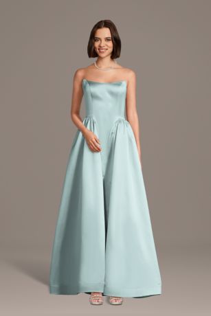 Galina Signature Strapless Satin Basque Waist Ball Gown in Sky Blue Size: Small David's Bridal