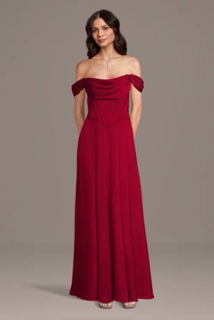 Picture of Matte Satin Basque Waist Off-the-Shoulder Dress
