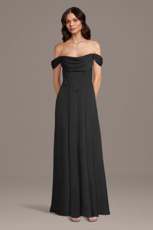 Picture of Galina Signature Matte Satin Basque Waist Off-The-Shoulder Dress in Black Size: 4X David's Bridal