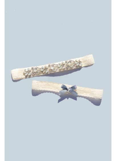 Iridescent Crystal Encrusted Lace Garter Set - Gorgeously encrusted with glimmering, iridescent marquise crystals, this