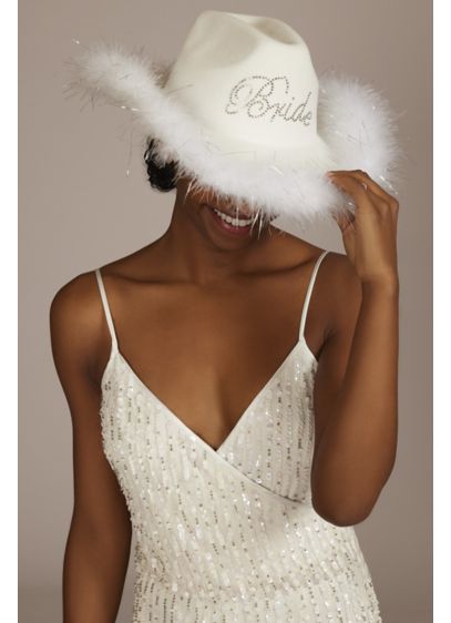 Feather-Trimmed Bride Cowgirl Hat - This cute cowgirl hat is printed with 