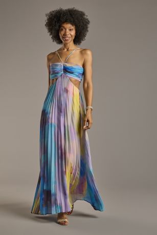 Picture of Pleated Watercolor Print Cutout A-Line Dress