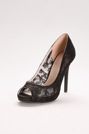 black lace peep toe heels