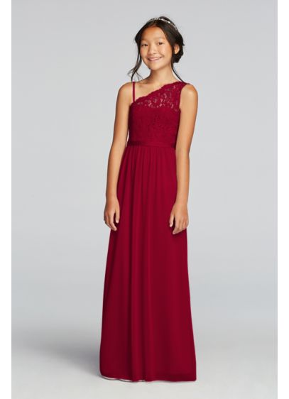 One Shoulder Long Lace Bodice Dress - The younger girls in your party will blend