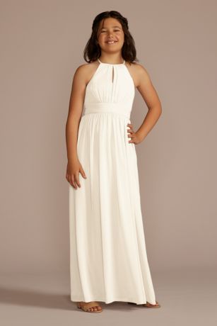 V-neck Pleated Chiffon Long Junior Bridesmaid Dresses Ivory