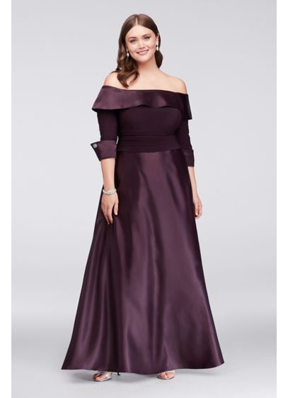 Off The Shoulder 3 4 Sleeve Satin Plus Size Gown David s Off The Shoulder 3 4 Sleeve Satin Plus Size Gown David s