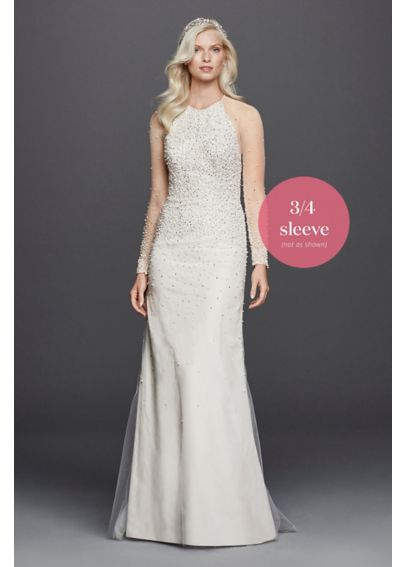 High Neck Illusion 3/4 Sleeve Wedding Dress - Davids Bridal