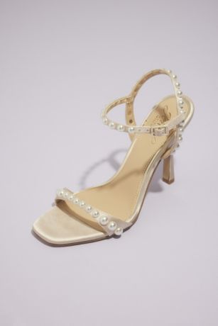 Jewel Badgley Mischka Ivory Heeled Sandals (Pearl-Studded Ankle Strap Stilettos)