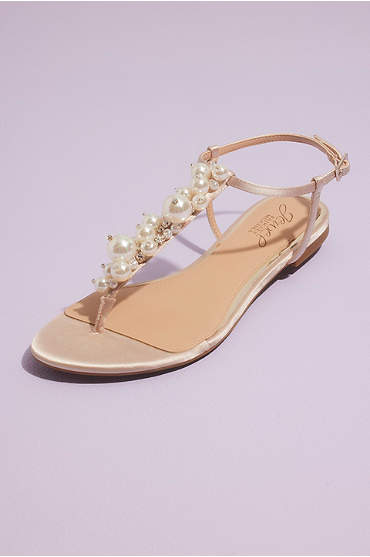 Pearl Bauble Satin T-Strap Flat Sandals