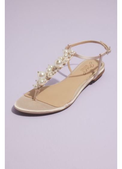 Jewel Badgley Mischka Pink (Pearl Bauble Satin T-Strap Flat Sandals)