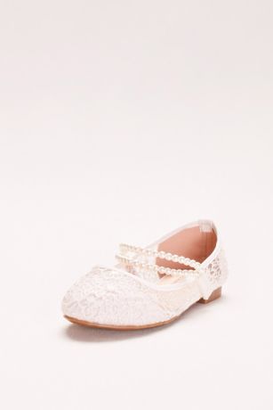Girls Lace Mary Janes with Pearl Strap 