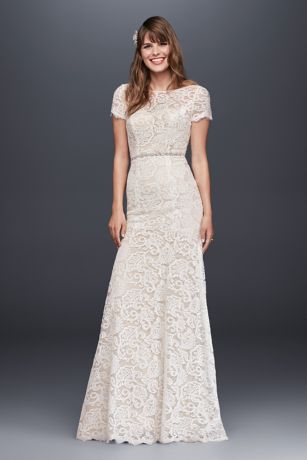 Lace sheath wedding dress with illusion cap sleeves