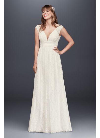 Lace Sheath Wedding Dress with Illusion Cap Sleeve David Lace Sheath Wedding Dress with Illusion Cap Sleeve David