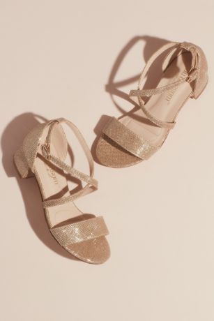 Blossom Grey;Ivory Flowergirl Shoes (Girls Block Heel Sandals with Crossing Vamp Straps)